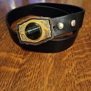 Intricate Western Style Belt Buckle With Agate Stone 1980'S Genuine Leather Belt